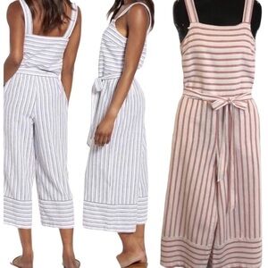 Linen Blend Striped Cropped Jumpsuit Small